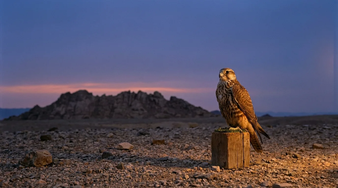 A saker falcon on a low wooden block on desert gravel at civil twilight, a rocky ridge low on the horizon behind.