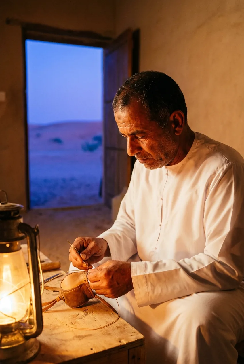 A leatherworker saddle-stitching a falcon hood by lantern light, dusk through the open doorway behind him.