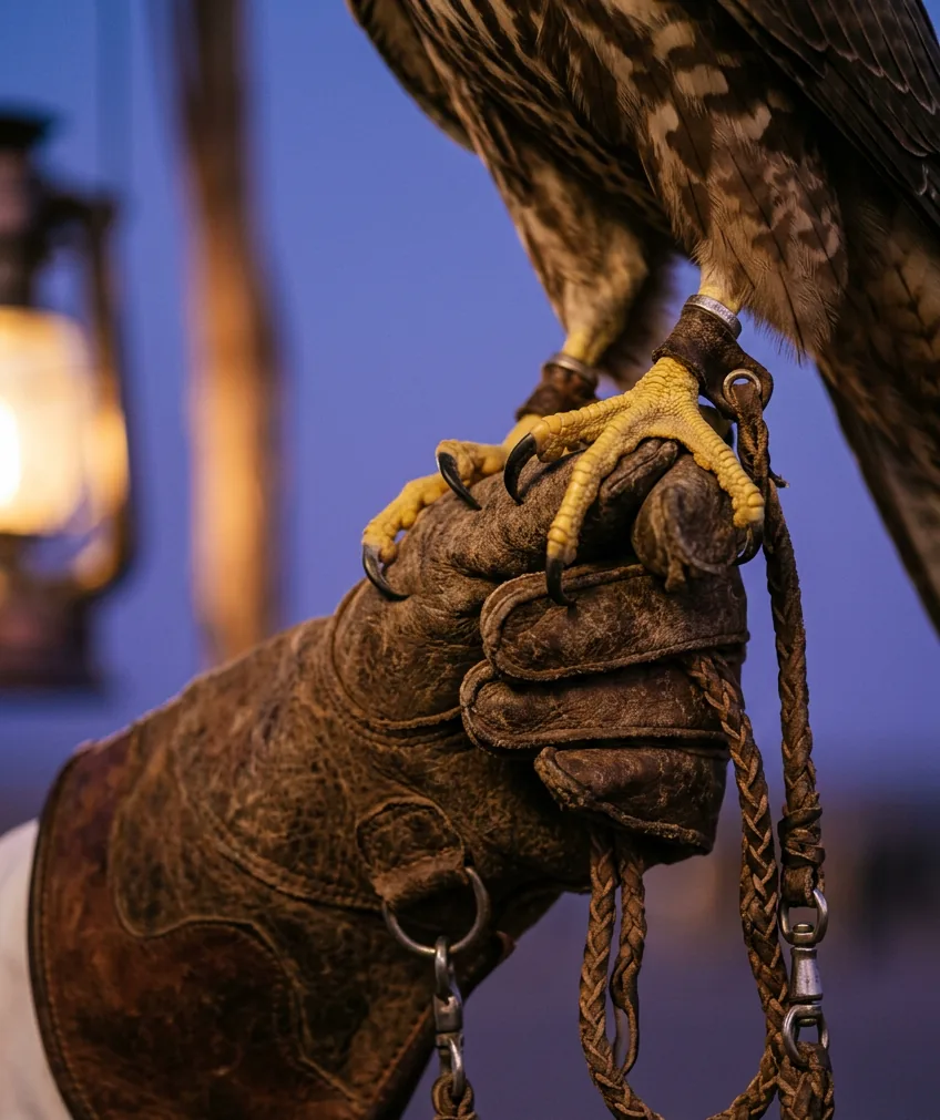 A falconer's leather gauntlet with a saker's yellow feet and dark talons gripping it, jesses trailing.